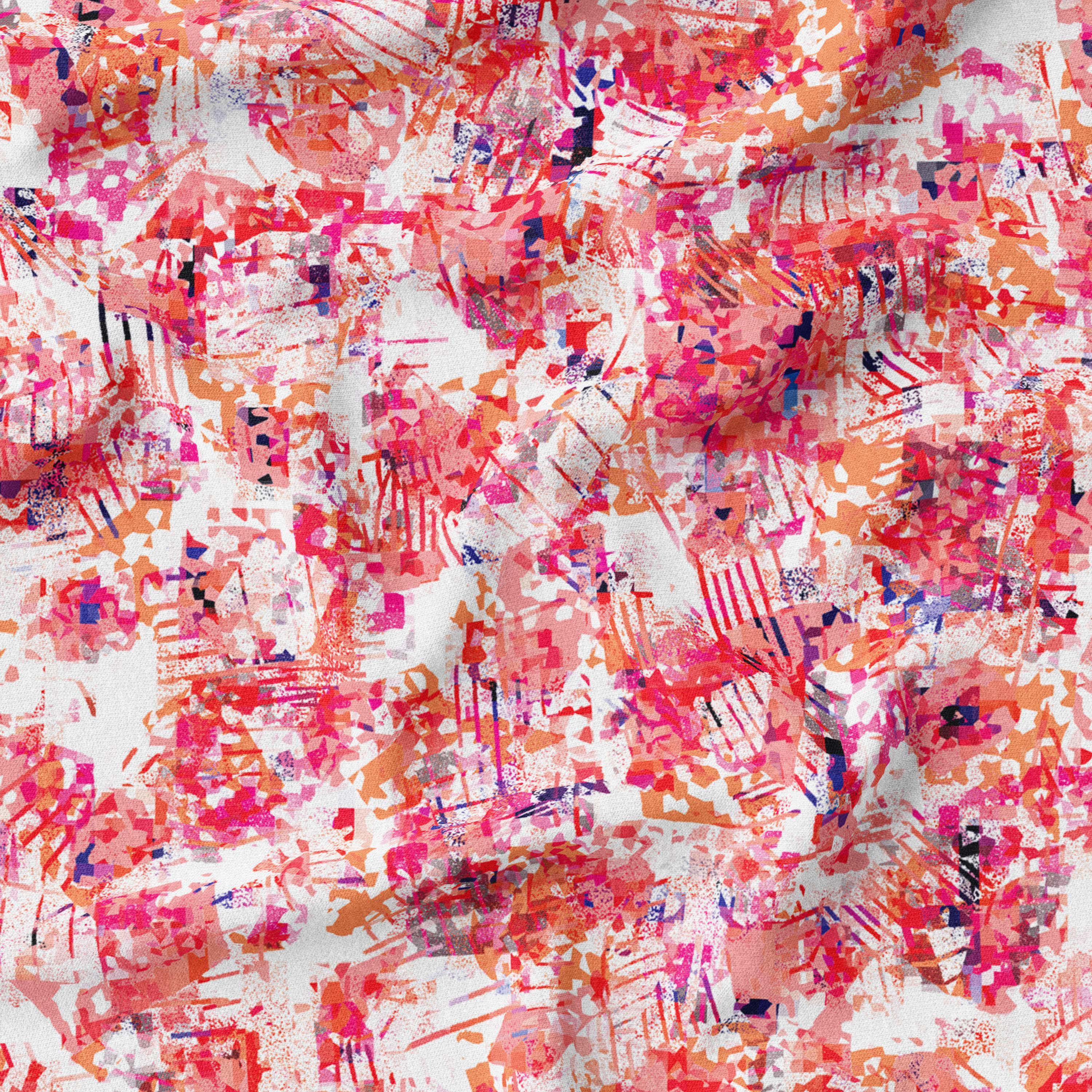 Colorful abstract art fabric featuring a mix of red, pink, and blue splashes on a neutral background, available at Melco Fabrics online store.